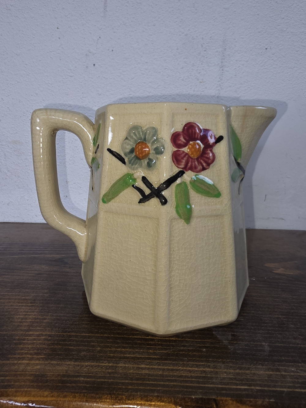 Vintage Ceramic Floral Pitcher Crackle Glaze